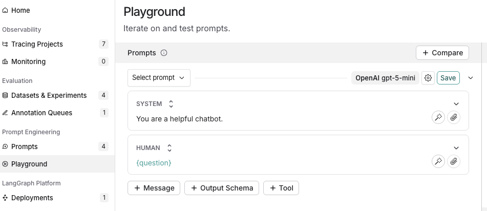 Playground with the system prompt ready for editing.