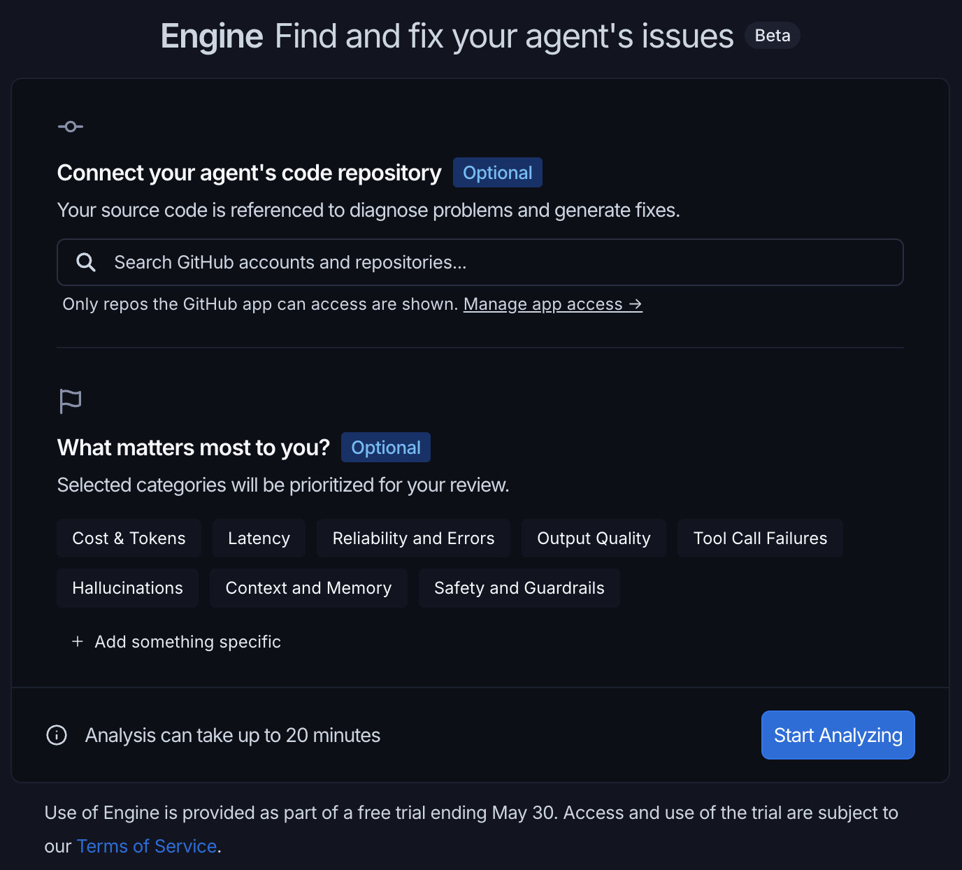 Setup dialog showing the code repository field and category selections for prioritizing issue types